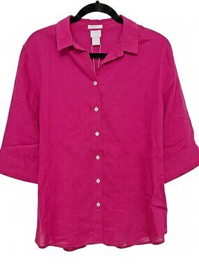 Chico's No Iron Linen Shirt Solid Botanic Berry Pink 3/4 Sleeve NWT Size 2
